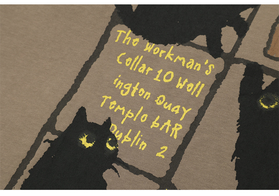 Black Cat Print T Shirt Oversize Tees Fashion Casual Top Short Sleeve Streetwear Pure Cotton Loose Summer