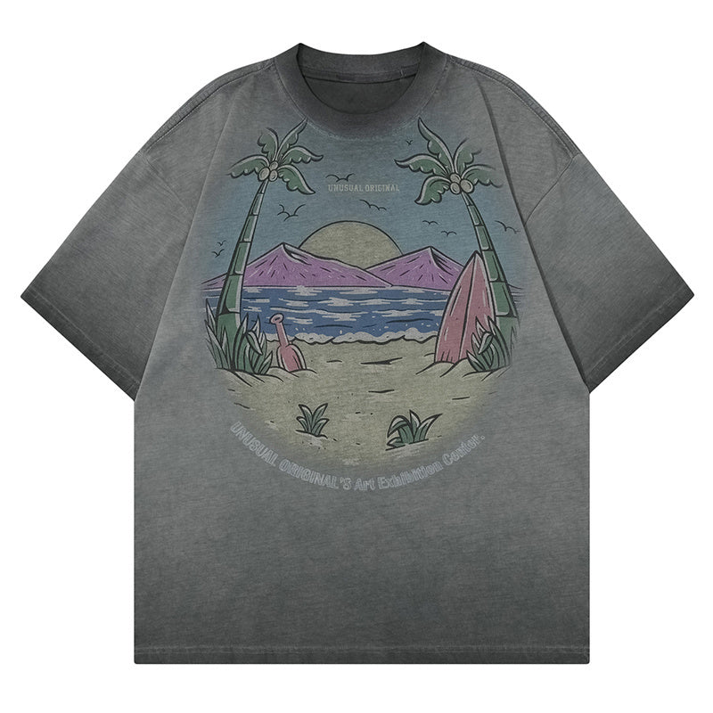 Retro Beach Print T Shirt Oversize Tees Fashion Casual Top Short Sleeve Streetwear Pure Cotton Loose Summer