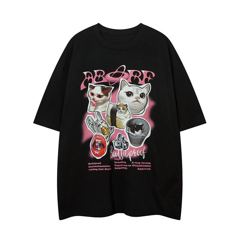 Cute Cat Print Streetwear T Shirt Short Sleeve Round Neck Summer Cotton Tee Loose Casual Simple Trendy