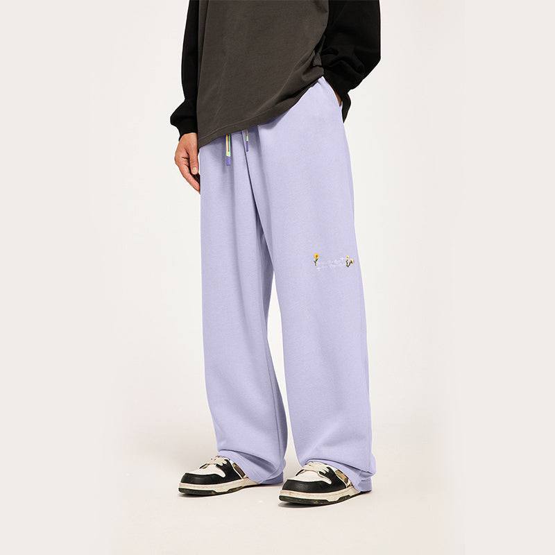 320g Sanding Embroidered Wide Leg Pants Fall/Winter New High Street Rainbow Drawstring Loose Men's Pants