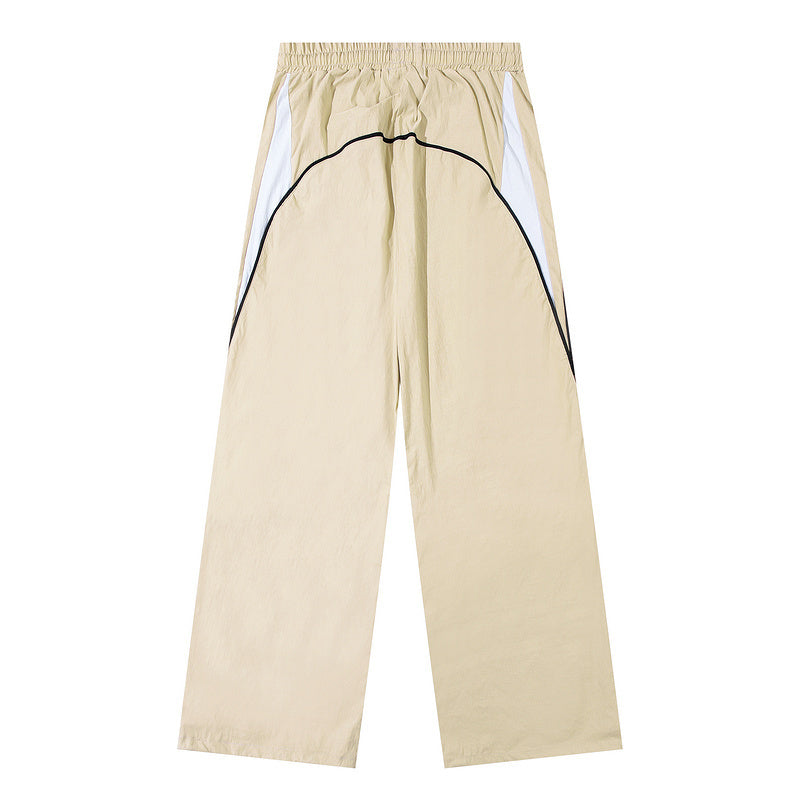 Color Contrast Pants Paneled Drawstring Elastic Waist Loose Wide Leg Trousers Front Pocket Comfortable Autumn