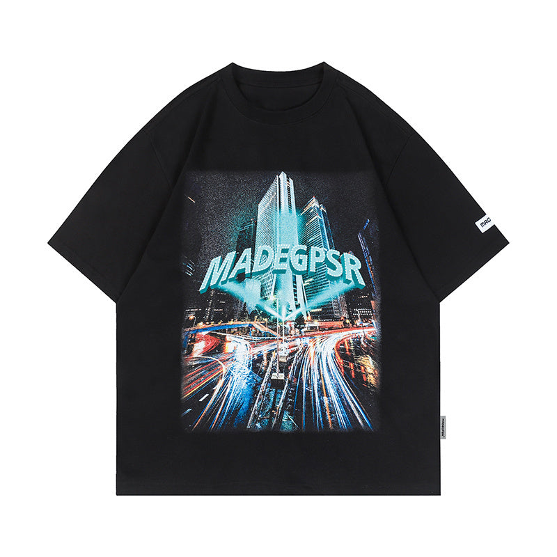 City View Print Streetwear T Shirts Oversize Loose Short Sleeve Tee Summer Harajuku Cotton Round Neck