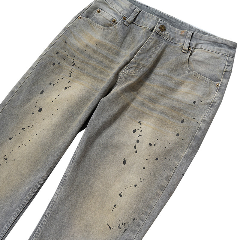 Men's And Women's Splash Ink Embellishment Design Trousers Men's And Women's Same Style Wash Water Old High Street Straight Gray Jeans