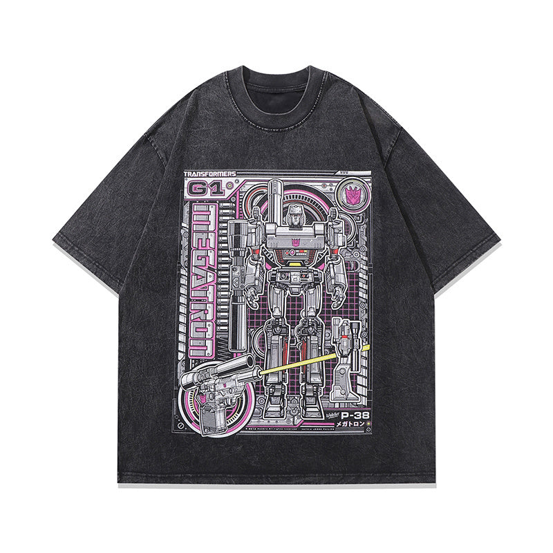 Vintage Washed T Shirts Loose Cotton Fashion Anime Robot Print Tee Casual Streetwear Short Sleeve Round Neck Summer