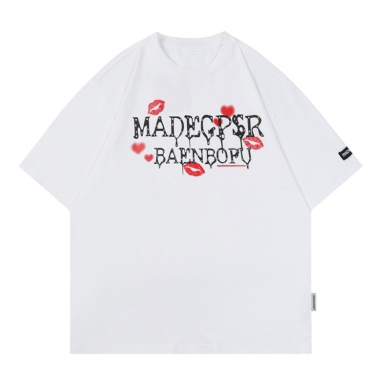 Heart and Lip Print Oversize Tees Fashion T Shirt Pure Cotton Top Short Sleeve Loose Summer Casual Streetwear