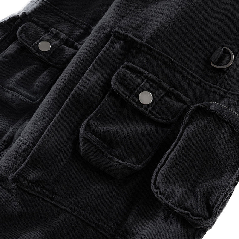Men's Women's Autumn And Winter Urban Black Multi-Pocket Wide-Leg Trousers Unisex High Street Casual Jeans