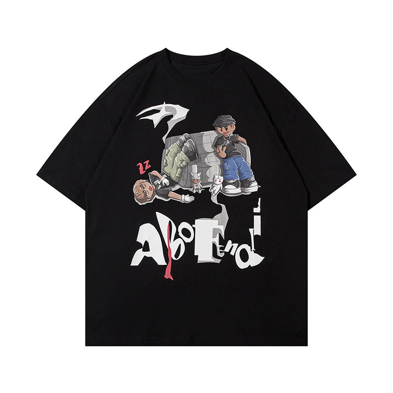 Streetwear T Shirt Character Print Short Sleeve Round Neck Summer Cotton Loose Casual Fashion Tee Simple