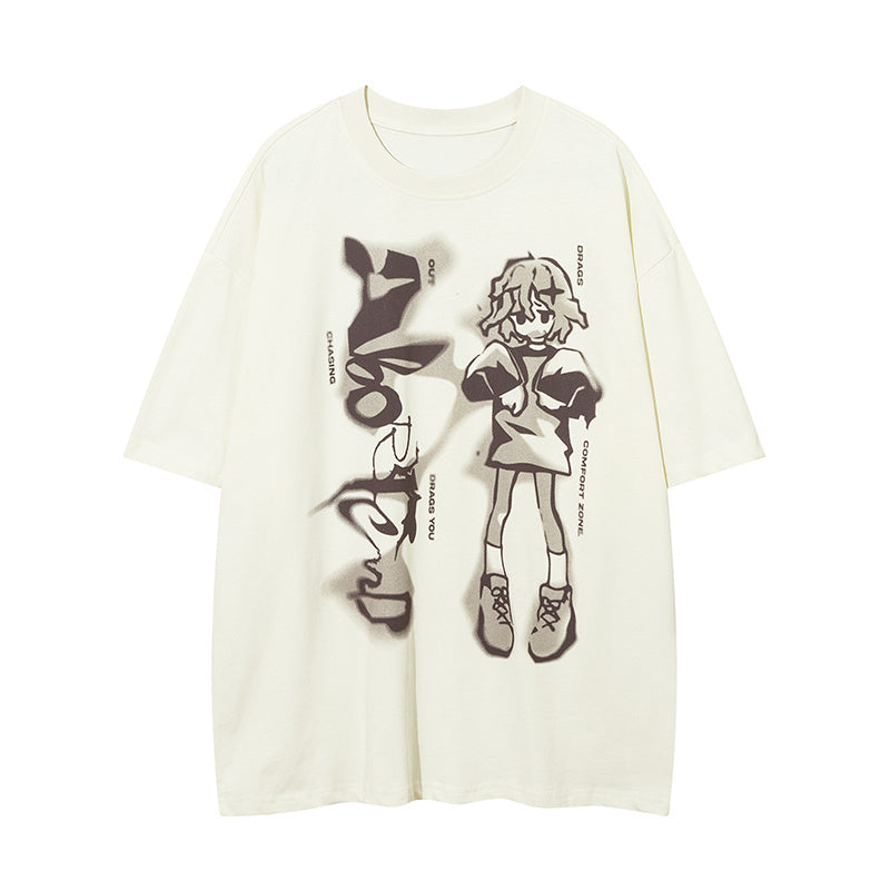 Streetwear T Shirt Cartoon Print Short Sleeve Round Neck Summer Cotton Loose Casual Fashion Tee Simple