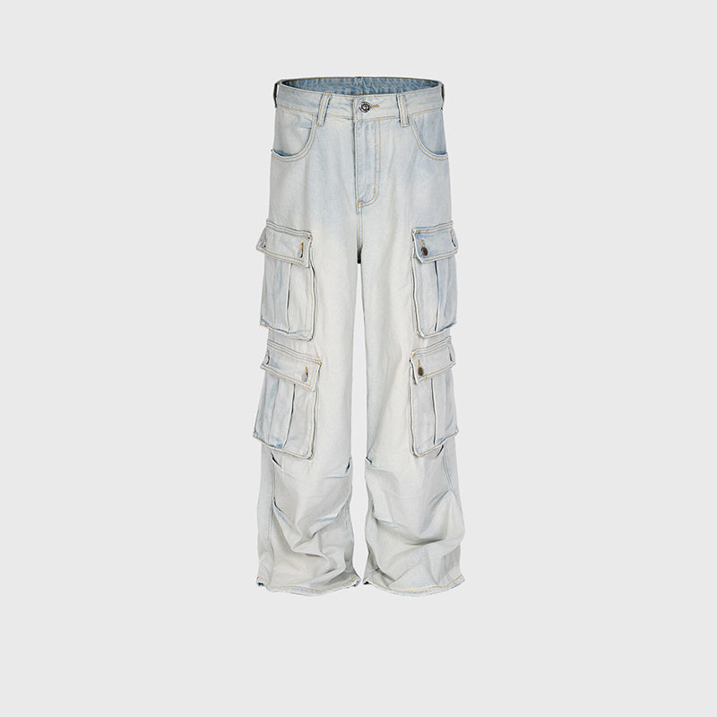 Men's And Women's Straight Pants Unisex Multi-Pocket Cut High Street Wash Old Light Blue Jeans