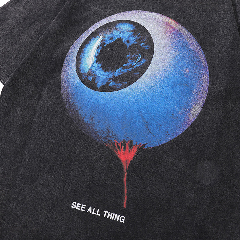 Streetwear T Shirts Vintage Cotton Washed Loose Big Eye Graphic Print Tee Short Sleeve Casual O Neck Summer Trendy