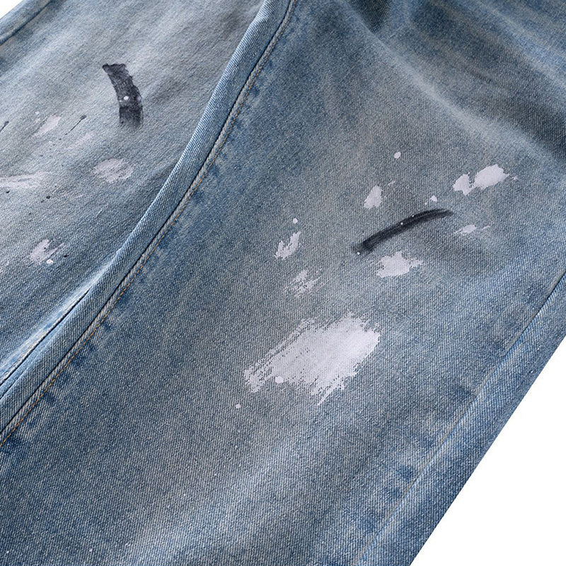 Men's Women's Autumn And Winter Urban High Street Paint-splashed Trousers Slim-fit Washed White Distressed Jeans Trendy