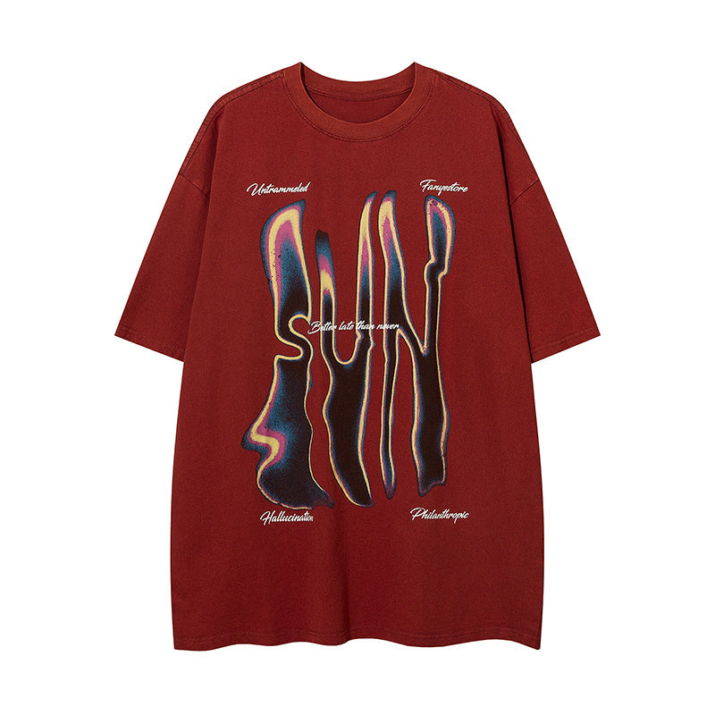 Streetwear Graphic Print Short Sleeve Crew Neck Summer Trendy Tee Loose Cotton Casual Simple Black Red