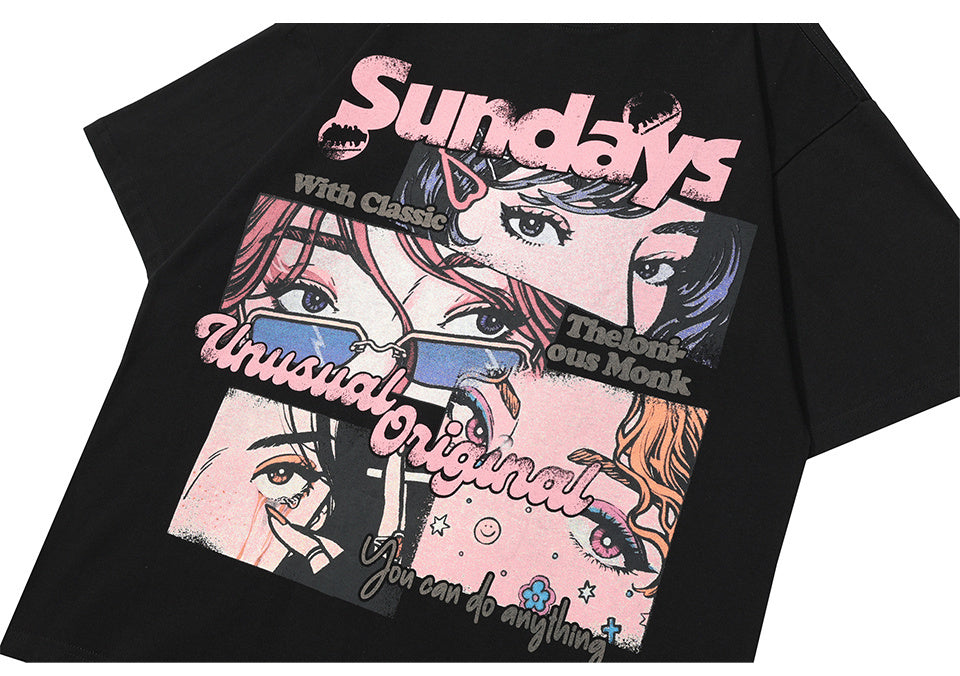 Cartoon Character Print T Shirt Oversize Tees Fashion Casual Streetwear Pure Cotton Top Short Sleeve Loose Summer