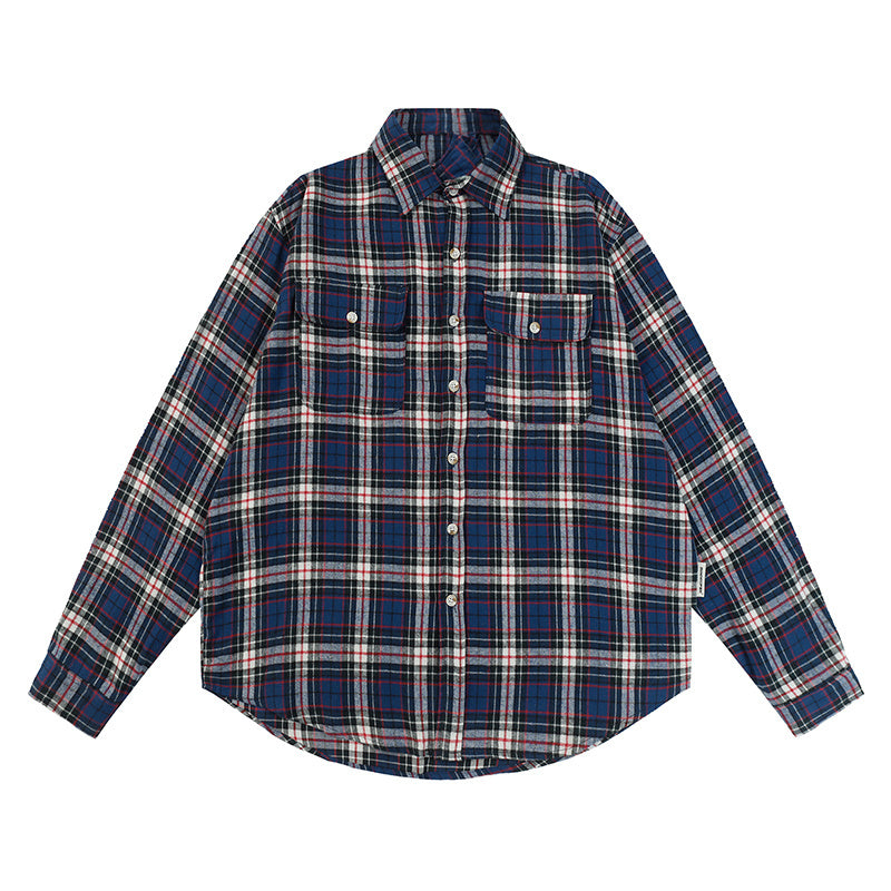 Plaid Shirts Autumn Long Sleeve Oversize Button Up Tops Korean Style Casual Fall Outwear Blue Comfortable