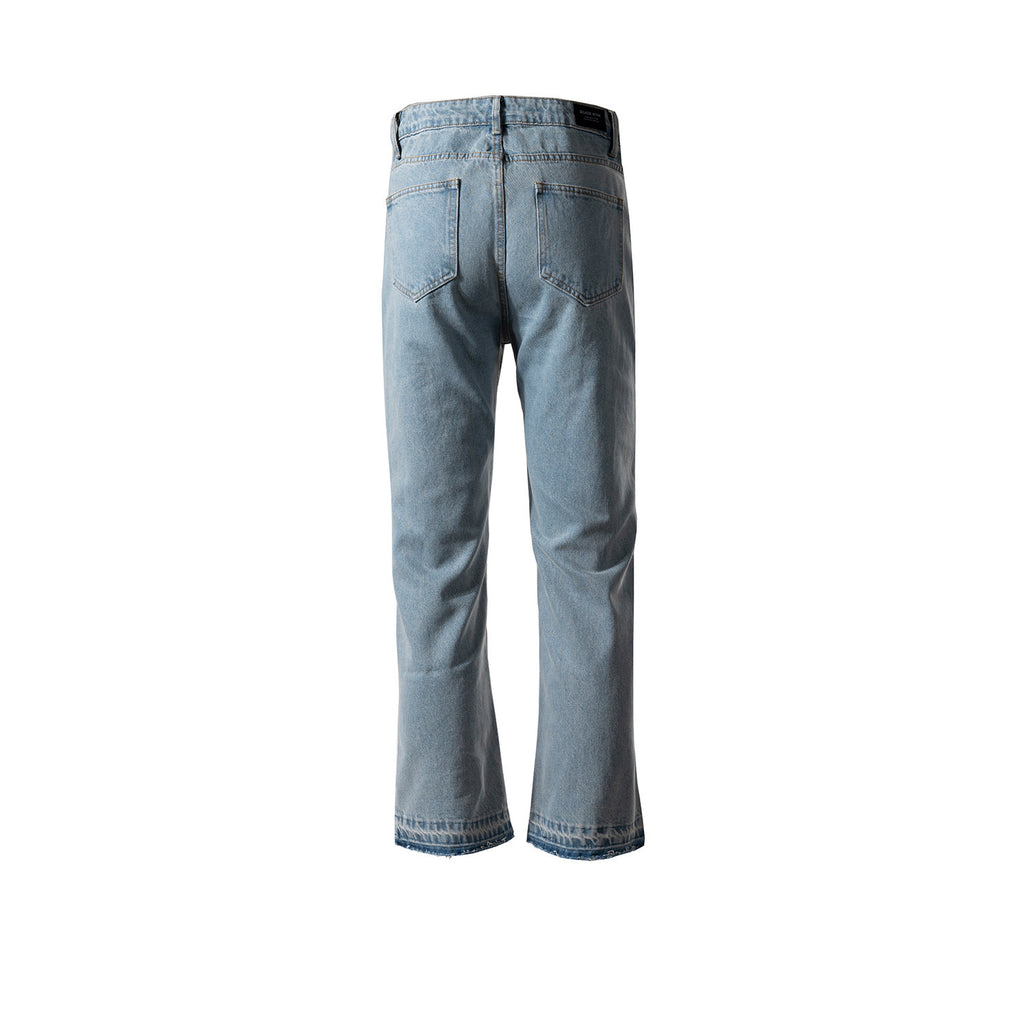 Men's And Women's Spring And Summer Urban Stitching Split Leg Trousers Unisex High Street Cat-beard Blue Jeans
