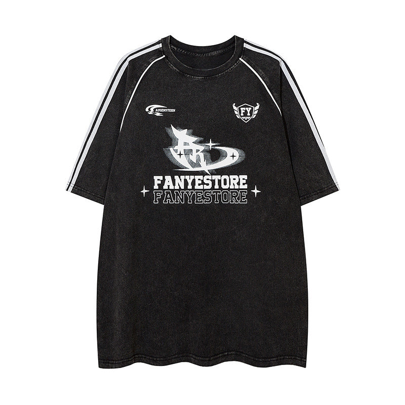 Streetwear Washed Letter Print Short Sleeve Crew Neck Summer Trendy Tee Simple Loose Cotton Casual