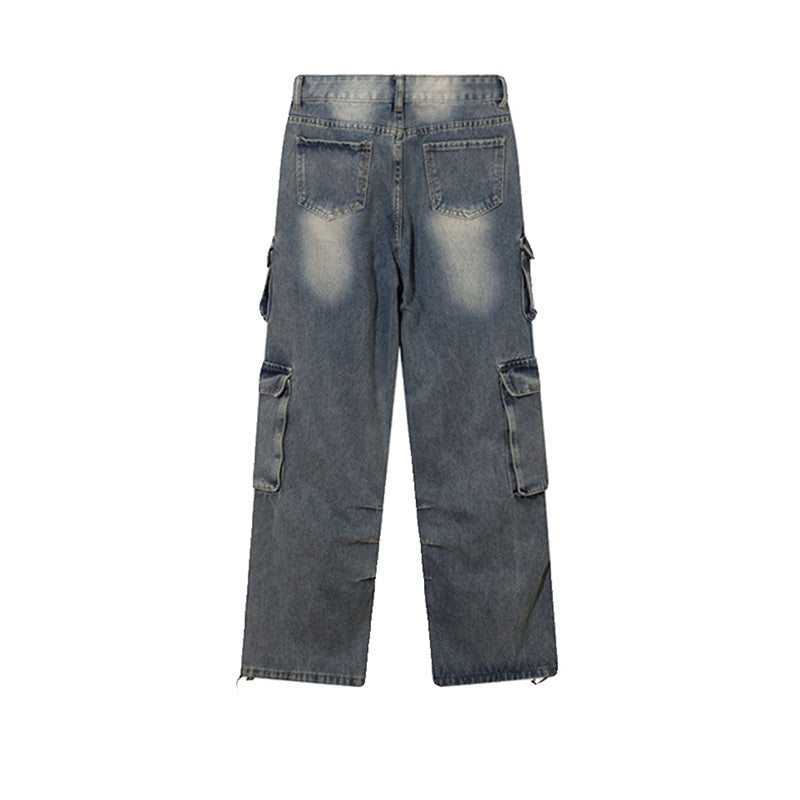 American Style Retro Puppies Handsome Hip-Hop Multi-Pocket Overalls Trendy Loose Straight-Leg Jeans For Men And Women