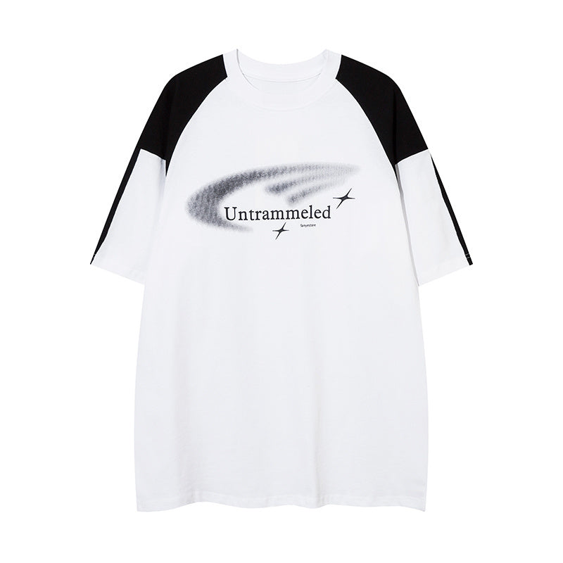 Streetwear Raglan Sleeve Short Sleeve Crew Neck Summer Trendy Tee Loose Cotton Casual Simple Color Contrast