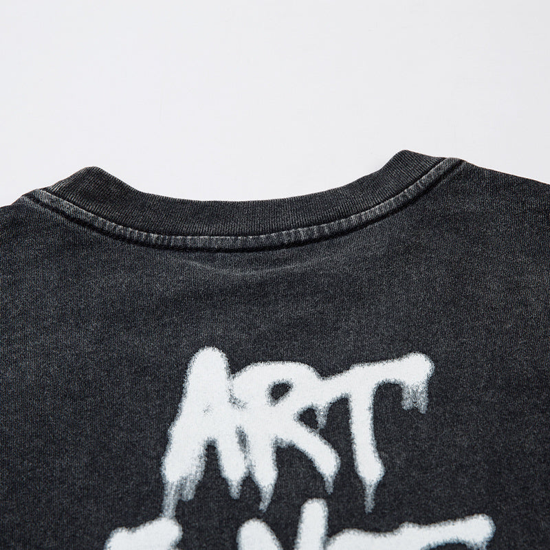 Streetwear Retro Letter Print Washed Short Sleeve Crew Neck Summer Fashion Design Tee Oversize Cotton Casual Simple
