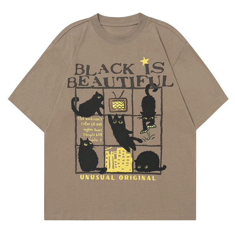 Black Cat Print T Shirt Oversize Tees Fashion Casual Top Short Sleeve Streetwear Pure Cotton Loose Summer