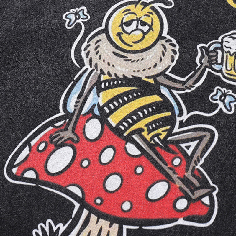 Vintage T Shirts Washed Loose Cotton Fashion Funny Bee Print Tee Casual Streetwear Round Neck Summer Short Sleeve
