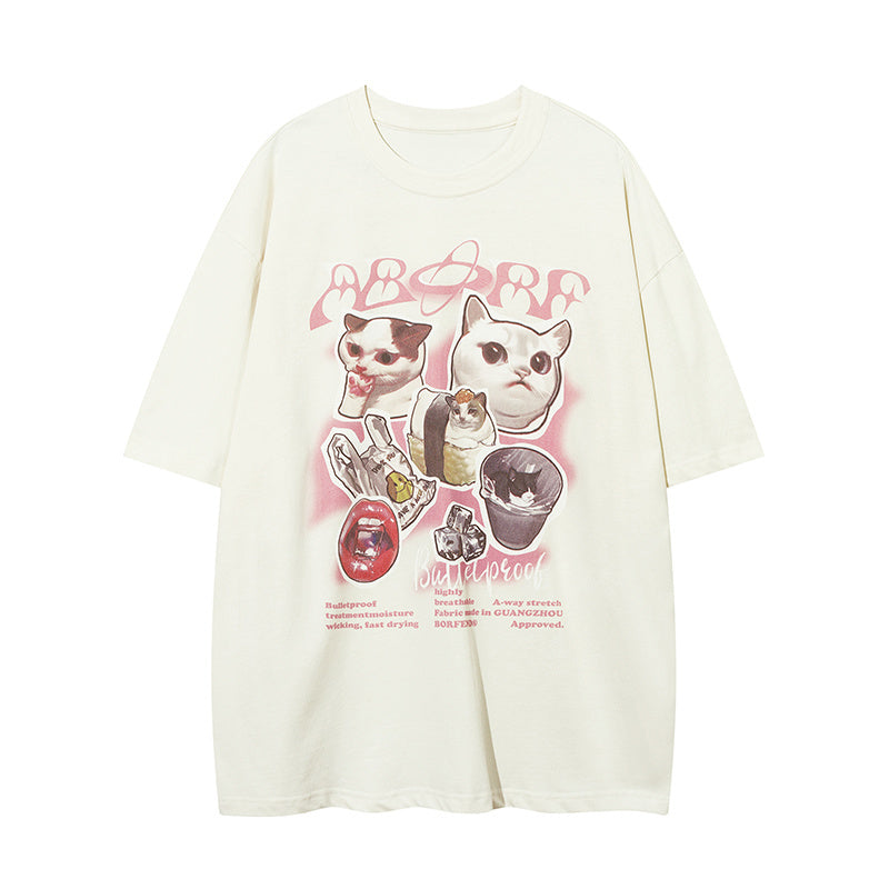 Cute Cat Print Streetwear T Shirt Short Sleeve Round Neck Summer Cotton Tee Loose Casual Simple Trendy