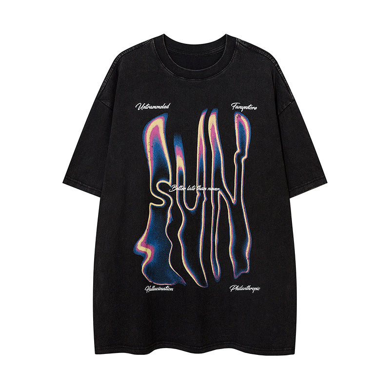Streetwear Graphic Print Short Sleeve Crew Neck Summer Trendy Tee Loose Cotton Casual Simple Black Red