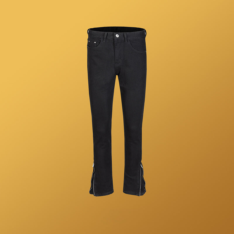 Men's Women's Urban High Street Zipper Leg Micro-stretch Trousers Unisex Black Slim-fit Jeans