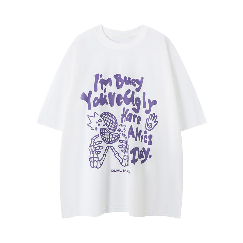 Purple Letter Print Streetwear T Shirts Fashion Tee O Neck Oversize Summer Cotton High Quality Short Sleeve Casual