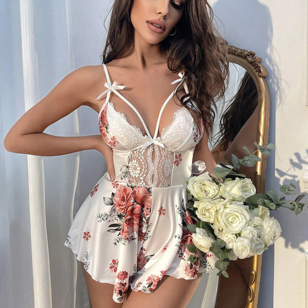 Satin Flower Print Pajamas - Sexy Lingerie Nightgown