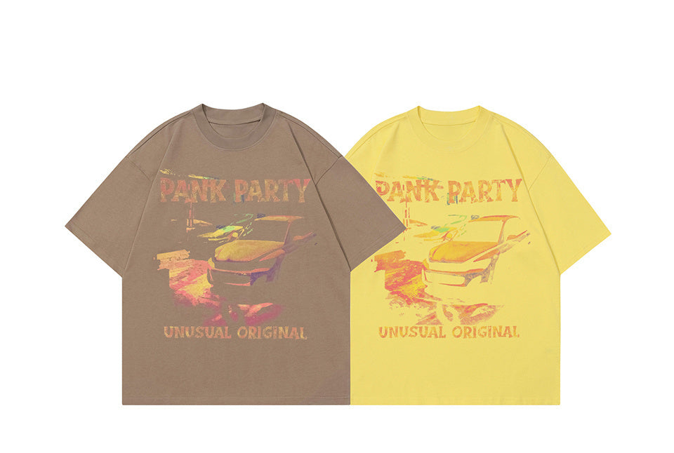 Car Print T Shirt American Retro Loose Summer Streetwear Short Sleeve Fashion Casual Top