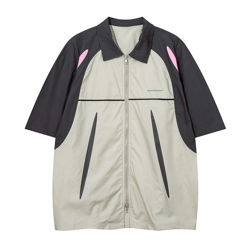 Polo Color Contrast Paneled Patchwork Streetwear Short Sleeve Summer Casual Fashion Lapel Zipper Letter Print