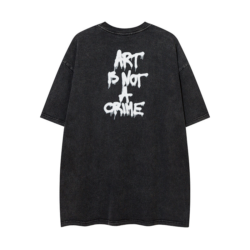 Streetwear Retro Letter Print Washed Short Sleeve Crew Neck Summer Fashion Design Tee Oversize Cotton Casual Simple