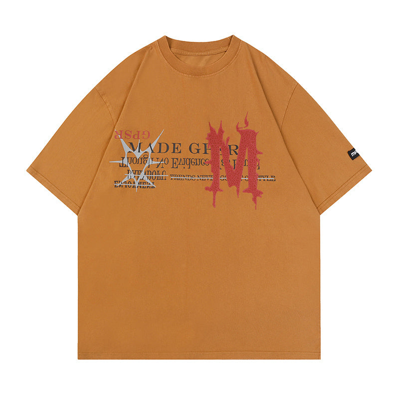 Letter Print Streetwear T Shirts Oversize Washed Loose Short Sleeve Harajuku Cotton Tee Casual Solid Color Simple Design