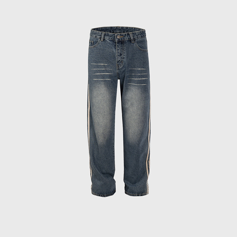Men's And Women's Urban Bar Line Stitching Grinded White Trousers Men's And Women's Washed Straight Trendy Jeans