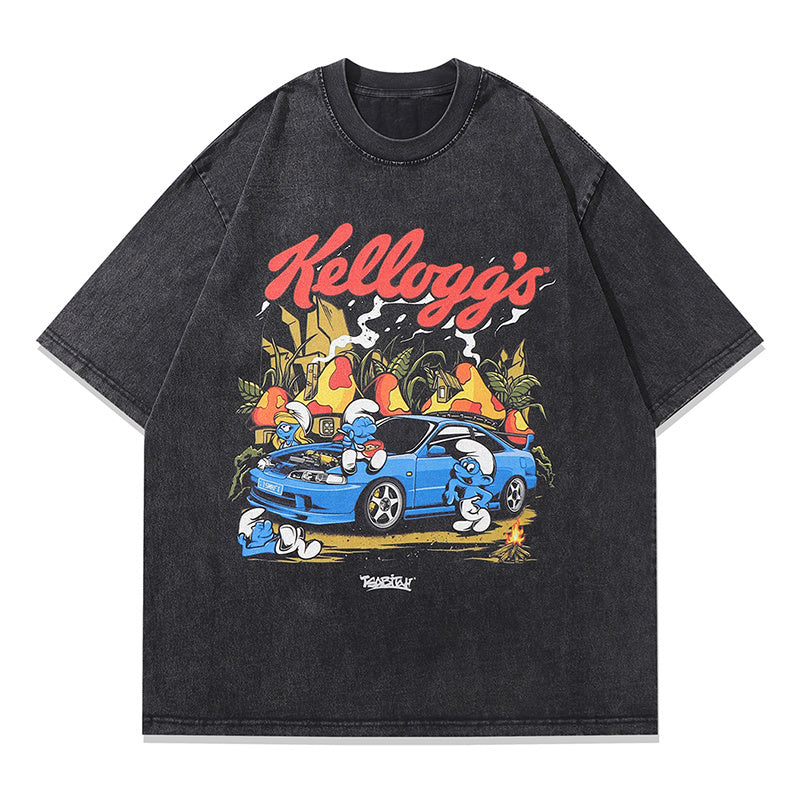 Vintage T Shirts Washed Loose Cotton Fashion Classic Anime Print Tee Casual Streetwear Round Neck Summer Short Sleeve