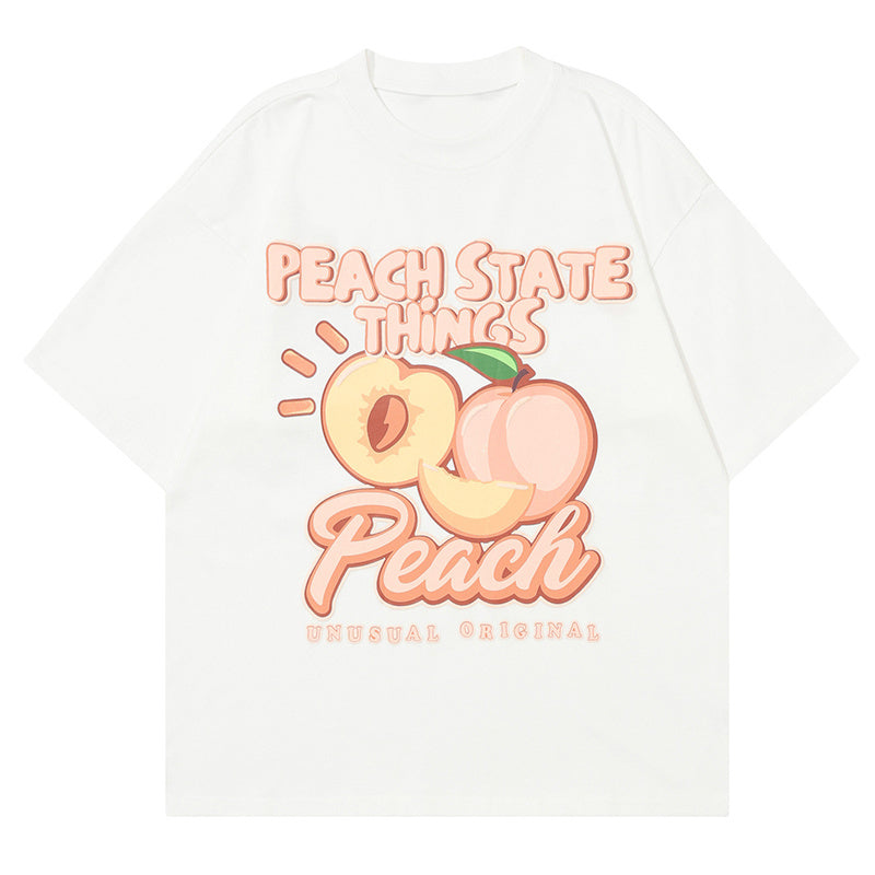Peach Print T Shirt Short Sleeve Streetwear Pure Cotton Loose Summer Oversize Tees Fashion Casual Top