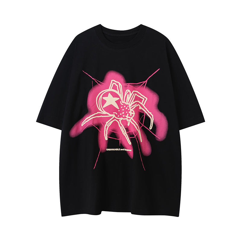 Streetwear T Shirts Trendy Crew Neck Tee Spider Pattern Loose Cotton Short Sleeve High Quality Casual Summer