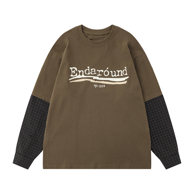 Letter Print Streetwear Round Neck Plaid Patchwork Oversize T Shirts Long Sleeve Casual Summer Cotton