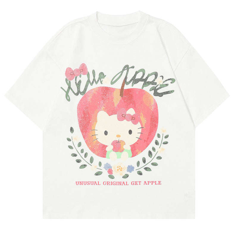 Cartoon Cat Print T Shirt Short Sleeve Pure Cotton Loose Summer Streetwear Oversize Tees Fashion Casual Top