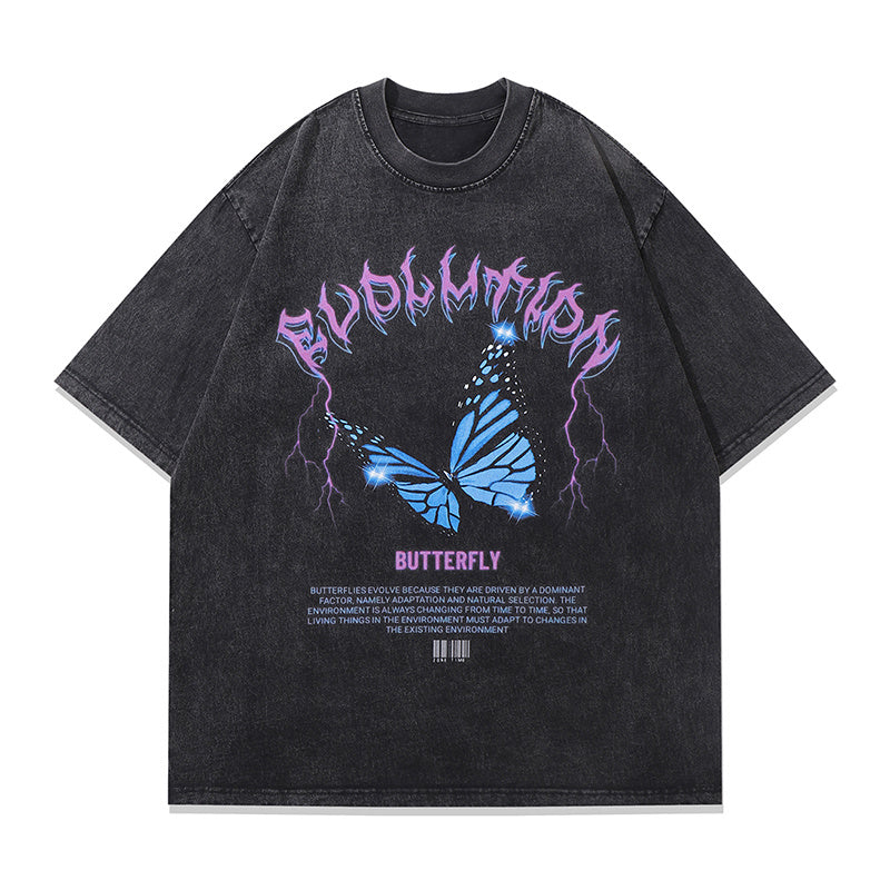 Streetwear T Shirts Vintage Cotton Washed Loose Butterfly Graphic Print Tee Short Sleeve Casual O Neck Summer Trendy