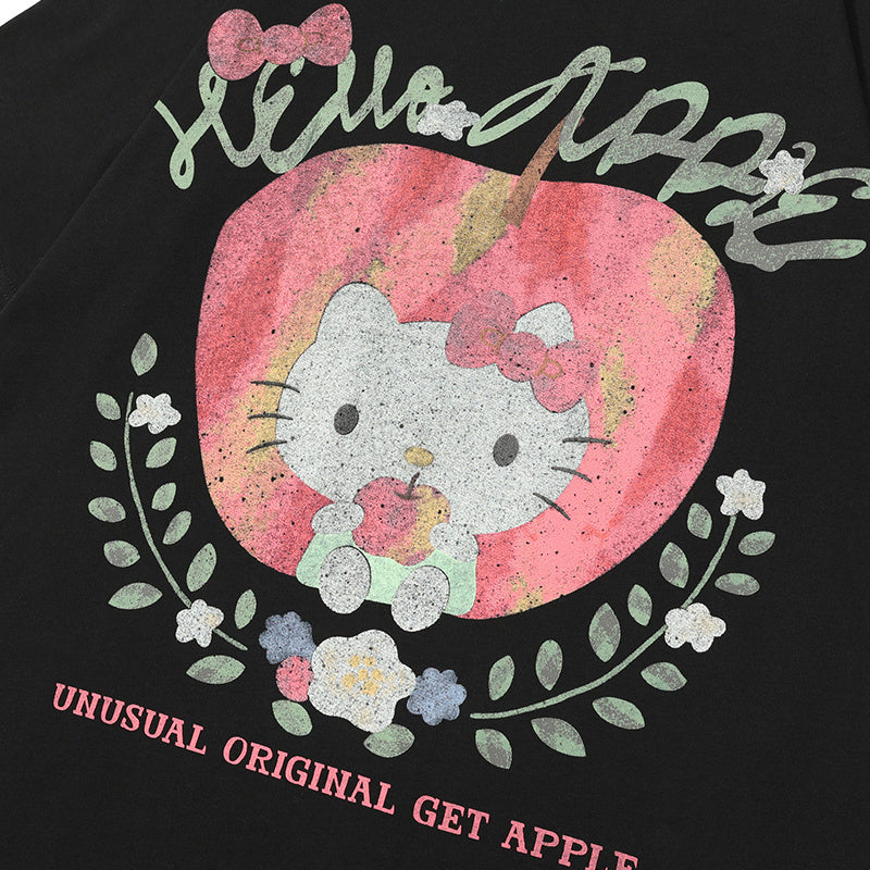 Cartoon Cat Print T Shirt Short Sleeve Pure Cotton Loose Summer Streetwear Oversize Tees Fashion Casual Top