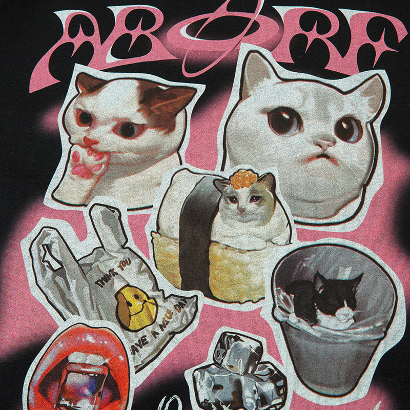 Cute Cat Print Streetwear T Shirt Short Sleeve Round Neck Summer Cotton Tee Loose Casual Simple Trendy