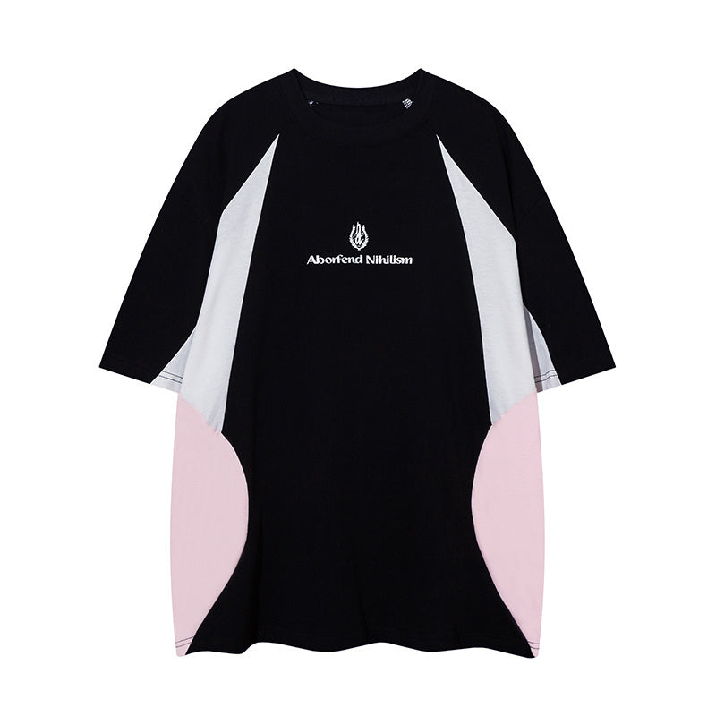Raglan Sleeve Streetwear T Shirts Color Contrast Sports Style Casual O Neck Tee Oversize Short Sleeve Summer Trendy