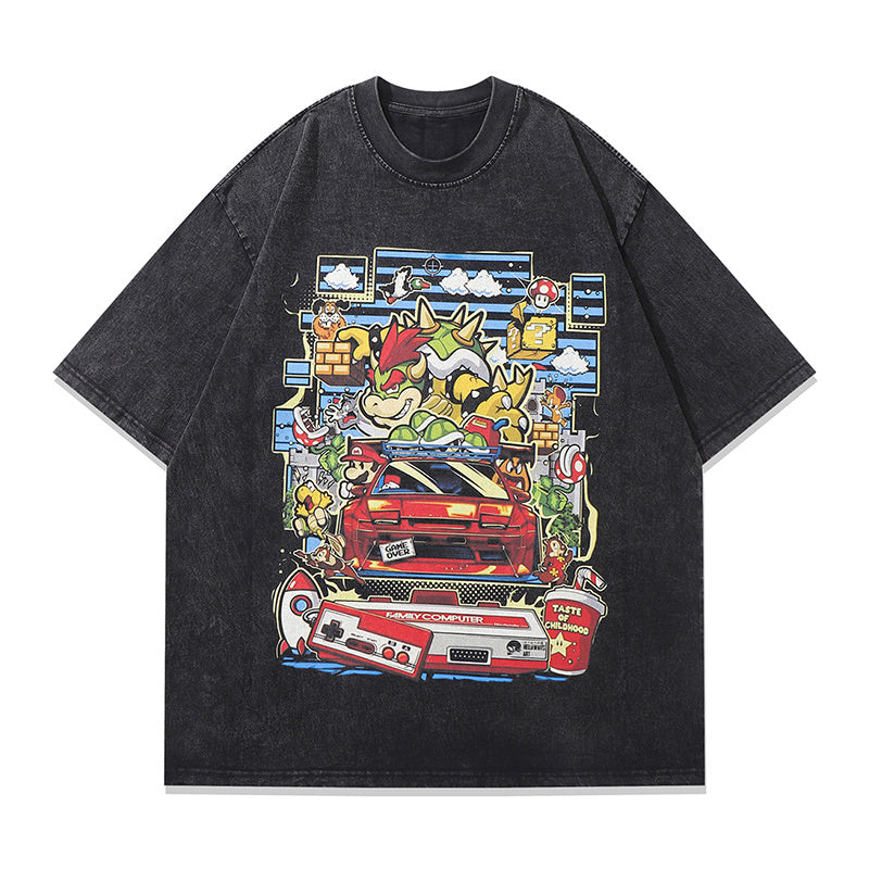 Vintage T Shirts Cotton Washed Loose Trendy Funny Cartoon Print Tee Streetwear Round Neck Summer Short Sleeve Casual
