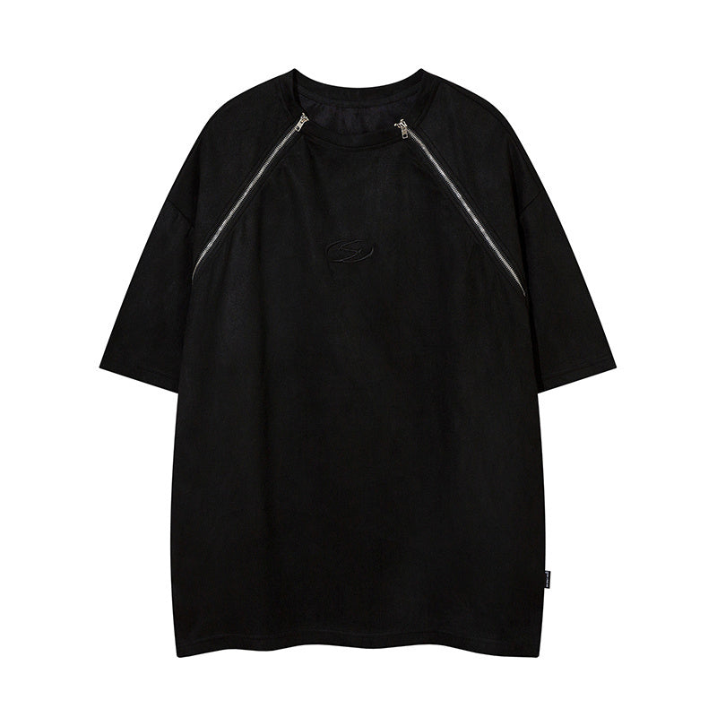 T Shirt Streetwear Zipper Loose Fashion Summer Hip Hop Top Short Sleeve Vintage Simple Design