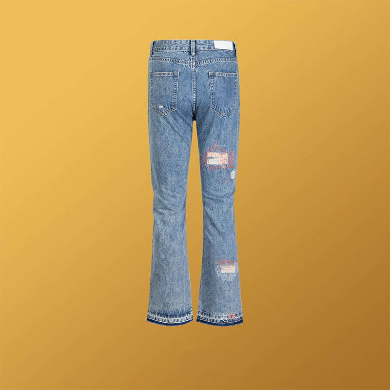 Men's And Women's Micro Trousers Men's And Women's Patch Ripped Washed Old Cat's Broad Jeans Trendy