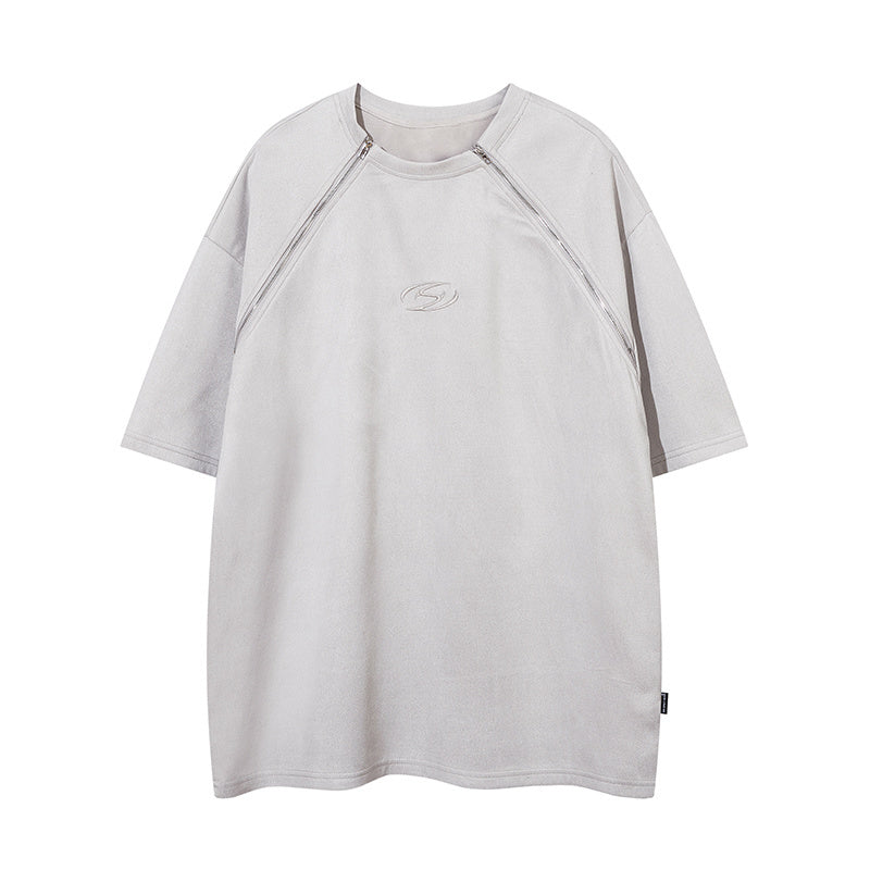T Shirt Streetwear Zipper Loose Fashion Summer Hip Hop Top Short Sleeve Vintage Simple Design