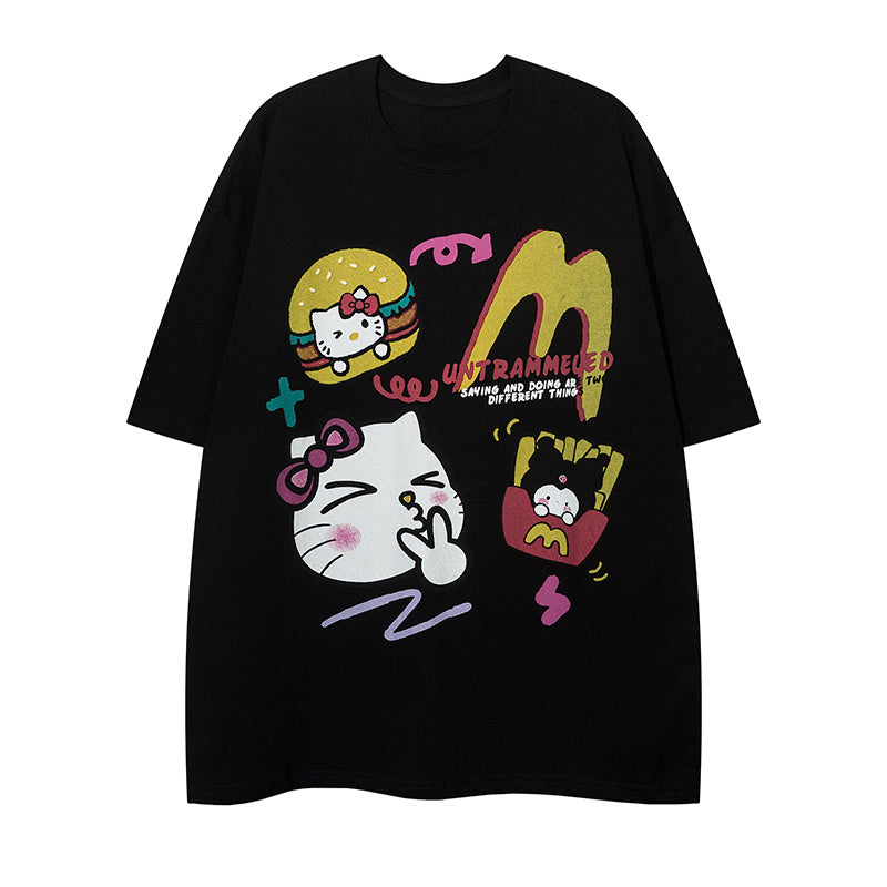 Cotton Cartoon Pattern Round Neck Summer Fashion Streetwear Tee Loose Casual High Quality Short Sleeve