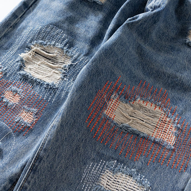 Men's And Women's Micro Trousers Men's And Women's Patch Ripped Washed Old Cat's Broad Jeans Trendy